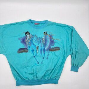 Vintage 80s Cotton Turquoise Blue Hand Painted Native American Watercolor Size L